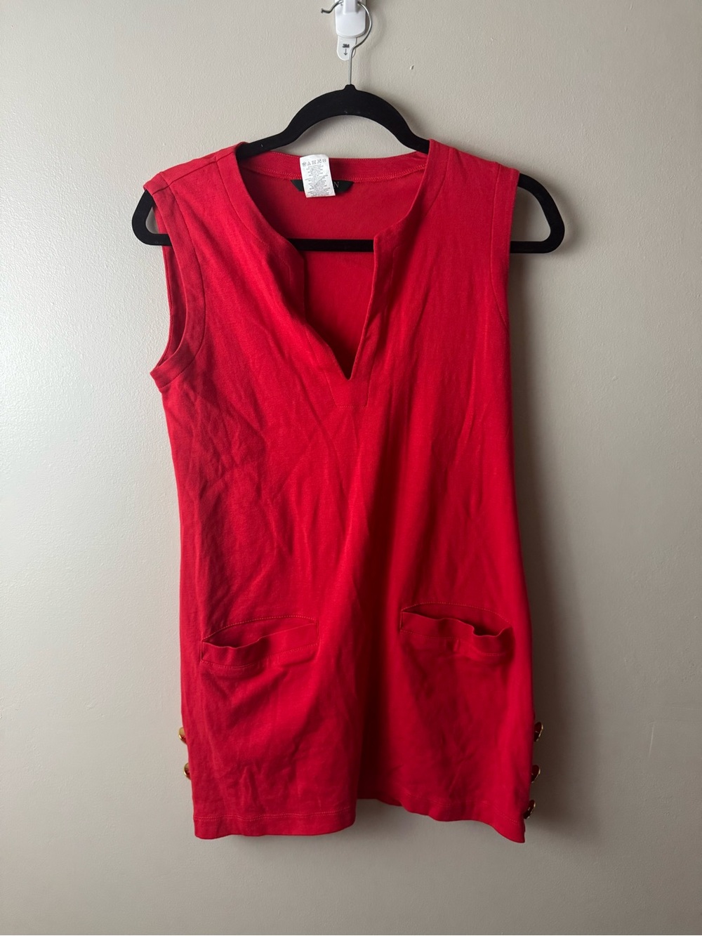 Lauren Ralph Lauren Drop Waist Knee Length Dress Red Cotton Pockets XS